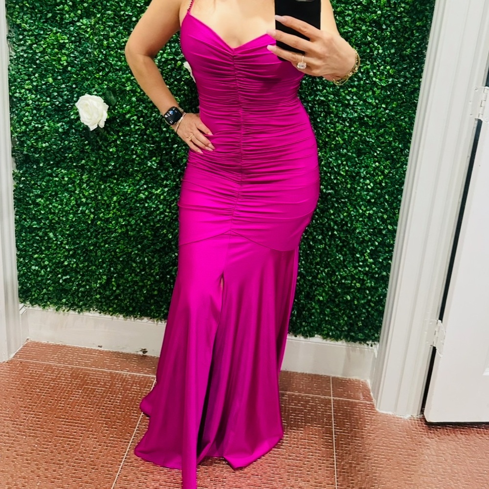 Xscape Pink Asymmetrical Ruched Maxi Dress